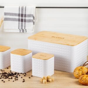 Biały ceramiczny pojemnik na pieczywo z bambusową pokrywką i pojemnikami na produkty sypkie