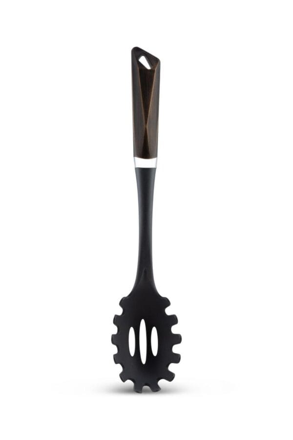 Czarna łyżka do makaronu z drewnopodobnym uchwytem, 34cm, element zestawu przyborów kuchennych Edenberg