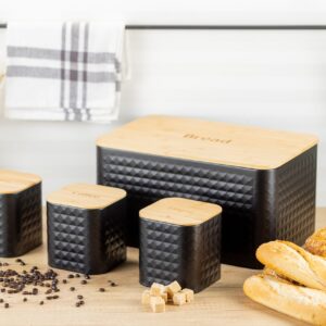 Czarny zestaw pojemników kuchennych Edenberg z bambusowymi pokrywkami do przechowywania pieczywa, kawy, herbaty i cukru
