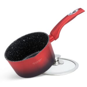 Czerwony garnek ceramiczny 1.53l z pokrywką, część zestawu garnków i patelni 6.66l