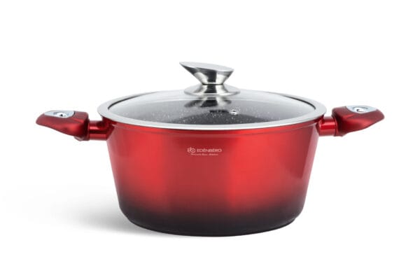 Czerwony garnek ceramiczny 2.75l z pokrywką, część zestawu garnków i patelni 6.66l
