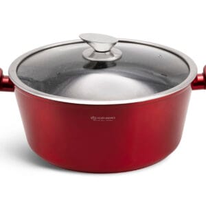 Czerwony garnek aluminiowy 4.65l z pokrywką, część zestawu garnków na indukcję Edenberg