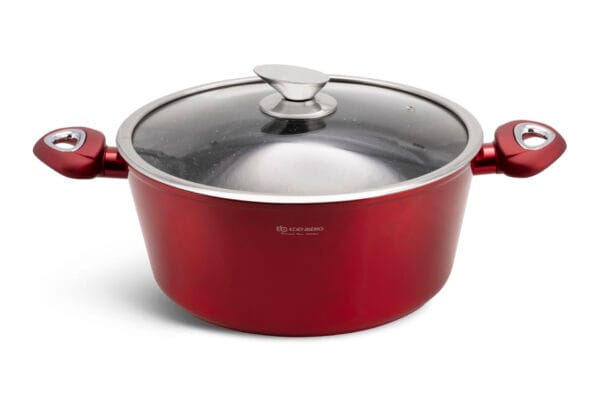 Czerwony garnek aluminiowy 4.65l z pokrywką, część zestawu garnków na indukcję Edenberg