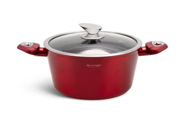 Czerwony garnek aluminiowy 4.65l z pokrywką, część zestawu garnków na indukcję Edenberg