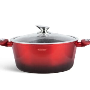 Czerwony garnek aluminiowy 2.6L z ceramiczna powłoką i silikonowymi uchwytami, część zestawu na indukcję Edenberg