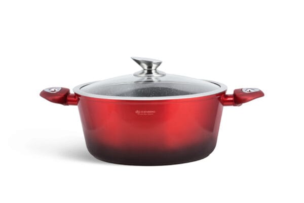 Czerwony garnek aluminiowy 2.6L z ceramiczna powłoką i silikonowymi uchwytami, część zestawu na indukcję Edenberg