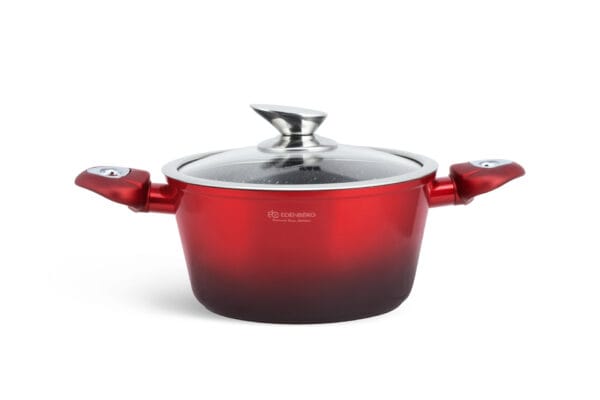 Czerwony garnek aluminiowy 4.4L z pokrywką i silikonowymi uchwytami, część zestawu na indukcję Edenberg