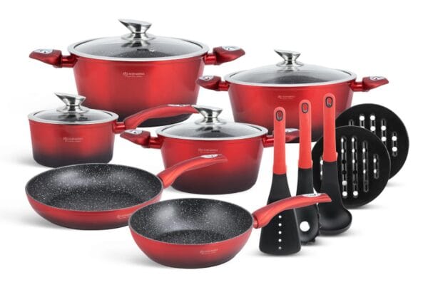 Zestaw garnków i patelni ceramicznych w kolorze czerwonym z pokrywkami i silikonowymi uchwytami, 6.66l