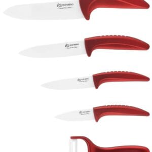 Zestaw czerwonych noży ceramicznych z ergonomicznymi uchwytami i obieraczką w stojaku, długość ostrzy 7.5-14 cm