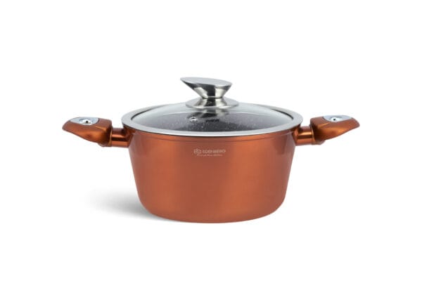 Miedziany garnek 2.75l z ceramiczno-marmurkową powłoką i pokrywką, część zestawu garnków z przyborami kuchennymi