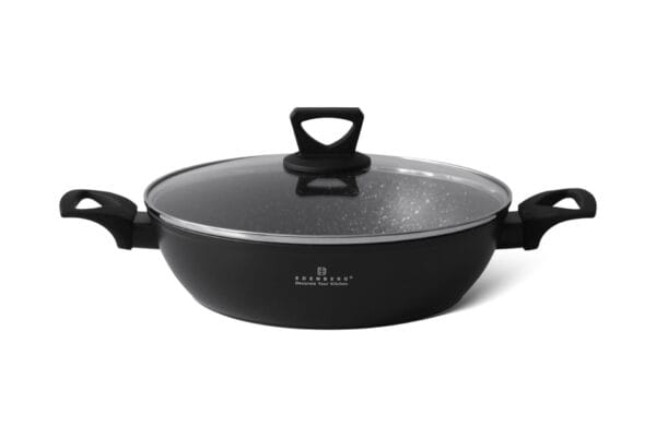 Garnek aluminiowy o średnicy 28 cm z szklaną pokrywką i uchwytami silikonowymi, pojemność 3,7 l.