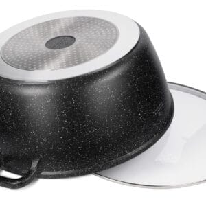 Czarny garnek aluminiowy 32 cm z marmurkową powłoką i szklaną pokrywką, widok z boku