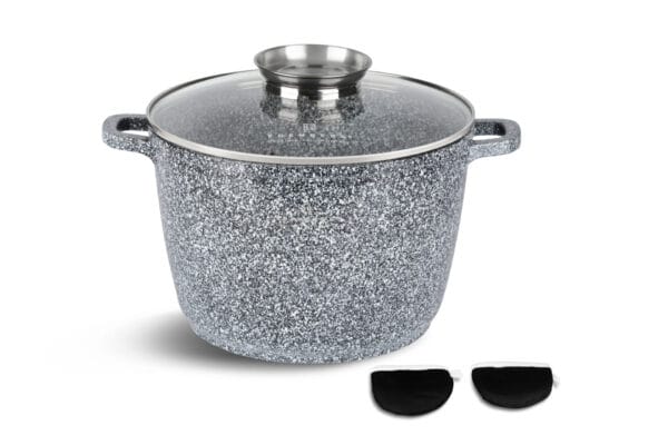 Garnek aluminiowy 4.5l z granitową powłoką i szklaną pokrywką, widok z boku