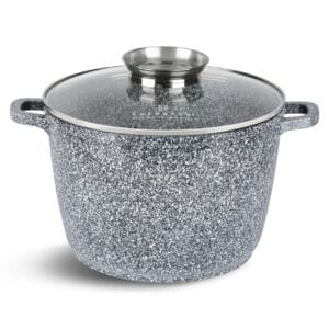 Garnek aluminiowy o pojemności 4.5 litra z granitową powłoką i szklaną pokrywką z otworem na parę