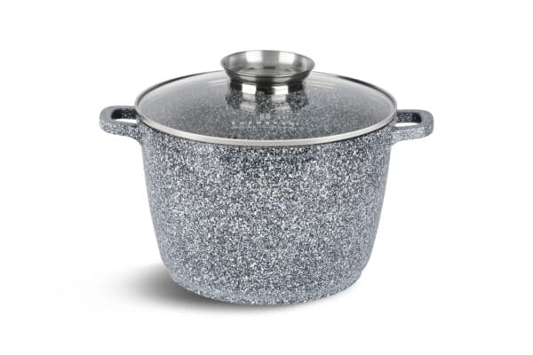 Garnek aluminiowy o pojemności 4.5 litra z granitową powłoką i szklaną pokrywką z otworem na parę