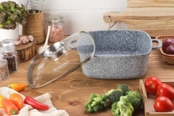 Garnek aluminiowy z pokrywką 5.5l Edenberg z powłoką ceramiczno-granitową, pokrywka ze szkła hartowanego, idealny do gotowania na różnych kuchenkach.