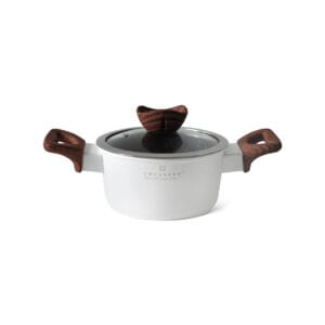 Biały garnek ceramiczny 16 cm z pokrywką i drewnianymi uchwytami – część zestawu Edenberg 16-28 cm