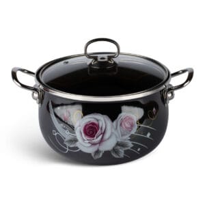 Czarny garnek emaliowany o średnicy 24 cm z różami, część zestawu Edenberg EB-1854, pojemność 6.8 l