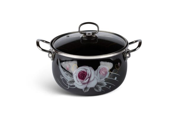 Czarny garnek emaliowany o średnicy 24 cm z różami, część zestawu Edenberg EB-1854, pojemność 6.8 l