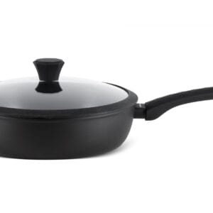 Głęboka patelnia aluminiowa 24 cm z niebieską powłoką nieprzywieralną i czarnym dnem, z pokrywką