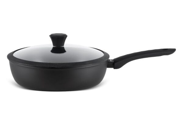 Głęboka patelnia aluminiowa 24 cm z niebieską powłoką nieprzywieralną i czarnym dnem, z pokrywką