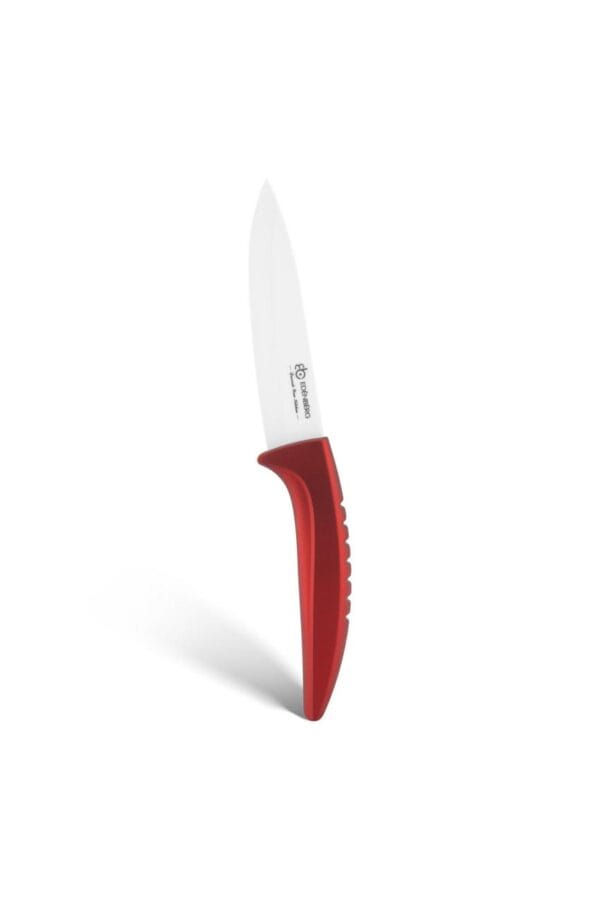 Czerwony nóż ceramiczny 14 cm z ergonomicznym uchwytem – element zestawu z stojakiem