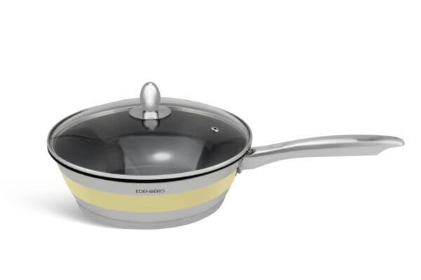 Żółta patelnia 24 cm ze stali nierdzewnej z pokrywką, część zestawu Edenberg EB-4050