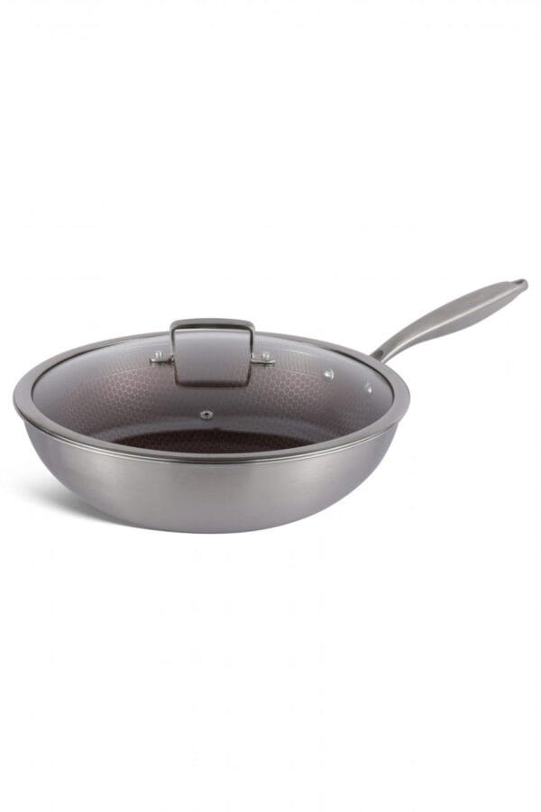Stalowa patelnia WOK 28 cm z nieprzywierającą powłoką i szklaną pokrywką