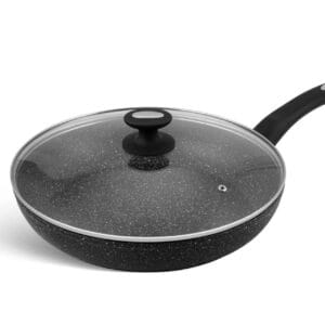 Czarna patelnia ceramiczna Edenberg 30cm z pokrywką, nieprzywierająca powłoka, widok z boku