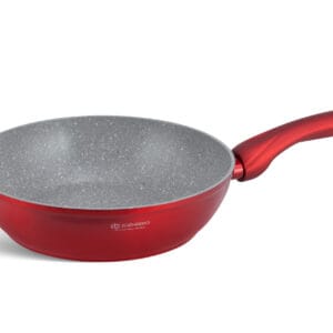Czerwona patelnia ceramiczna z szarym wnętrzem, część zestawu garnków i patelni 6.66l
