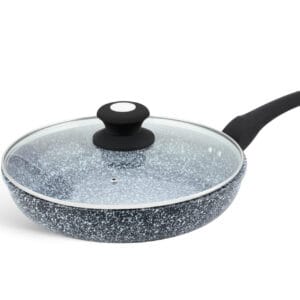 Patelnia granitowa o średnicy 20 cm z szklaną pokrywką i silikonowym uchwytem