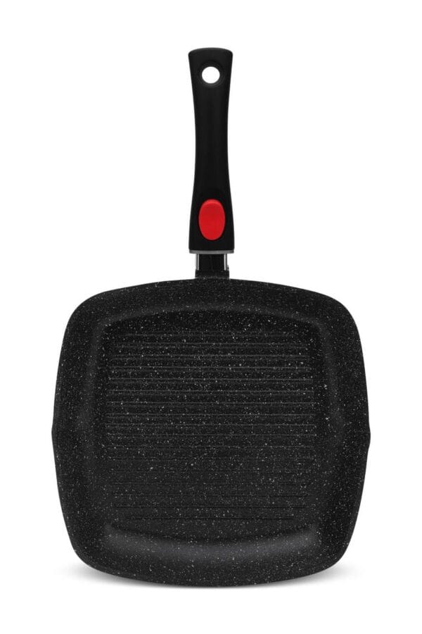 Czarna patelnia grillowa 24 cm z ceramiczna powłoką nieprzywierającą, pokrywką i czerwonym uchwytem