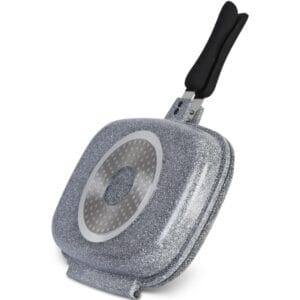 Patelnia grillowa ceramiczna 32 cm z nieprzywierającą powłoką i pokrywką, kolor srebrny