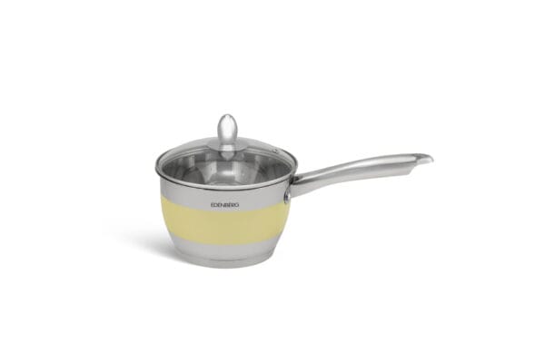 Żółty rondel ze stali nierdzewnej 16 cm z szklaną pokrywką, część zestawu Edenberg EB-4050