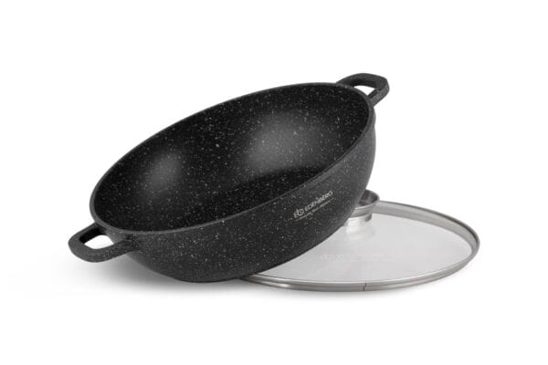 Aluminiowy rondel 5.5 litrów z marmurkową powłoką i szklaną pokrywką, kompatybilny z indukcją
