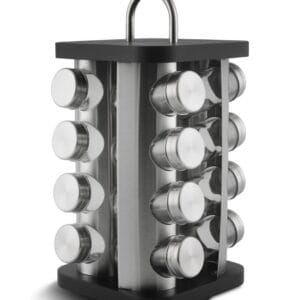 Zestaw 16 szklanych słoików do przypraw na metalowym obrotowym stojaku, wysokość 17 cm