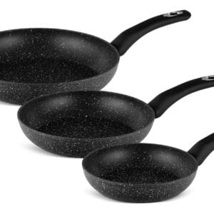 Zestaw trzech patelni ceramicznych o średnicach 20 cm, 24 cm i 28 cm z marmurkową powłoką