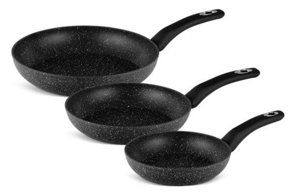 Zestaw trzech patelni ceramicznych o średnicach 20 cm, 24 cm i 28 cm z marmurkową powłoką