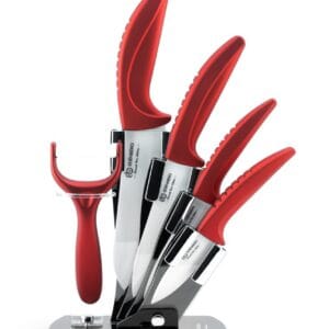 Zestaw sześciu noży ceramicznych z ergonomicznymi uchwytami i akrylowym stojakiem, długość ostrzy 7.5-14 cm