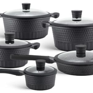 Zestaw garnków ceramicznych z patelnią marmurkową 16-28 cm, kolor czarny, widok z boku
