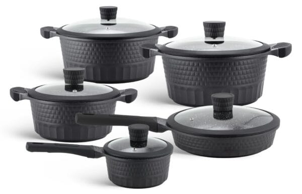 Zestaw garnków ceramicznych z patelnią marmurkową 16-28 cm, kolor czarny, widok z boku