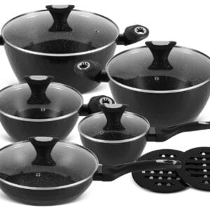 12-częściowy zestaw czarnych garnków ceramicznych Edenberg z pokrywkami ze szkła hartowanego, kompatybilny z indukcją