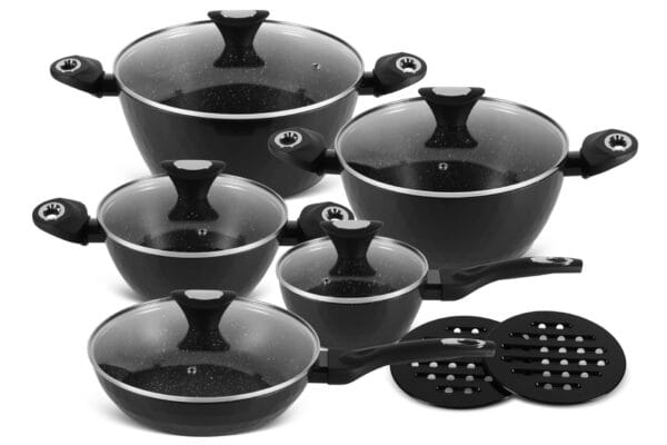 12-częściowy zestaw czarnych garnków ceramicznych Edenberg z pokrywkami ze szkła hartowanego, kompatybilny z indukcją