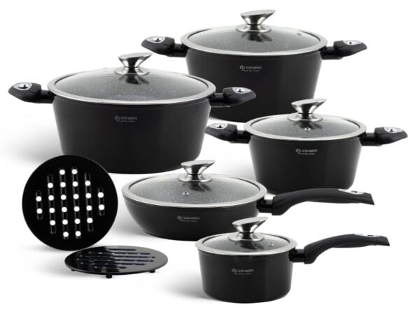 Zestaw garnków z patelnią marmurkową Edenberg – 12 elementów, w tym garnki i patelnia z powłoką non-stick, idealne do gotowania na każdej kuchence.