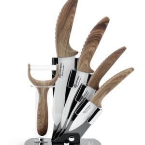 6-częściowy zestaw noży ceramicznych z ergonomicznymi uchwytami w akrylowym stojaku, widok z boku