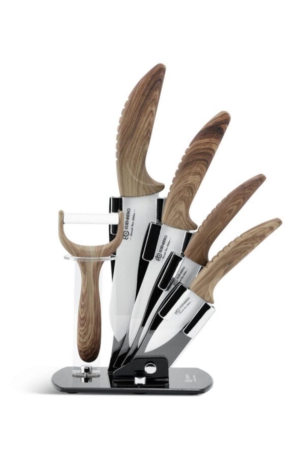 6-częściowy zestaw noży ceramicznych z ergonomicznymi uchwytami w akrylowym stojaku, widok z boku