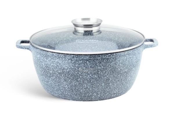 Garnek aluminiowy z pokrywką 4.5l Edenberg w szaro-niebieskim kolorze z kamiennym wzorem, szklana pokrywka i ergonomiczne uchwyty