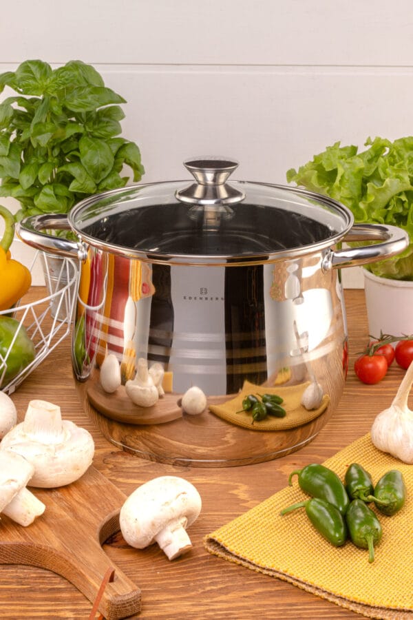 Garnek ze stali nierdzewnej 8.8l Edenberg z przezroczystą pokrywką i ergonomicznymi uchwytami, idealny do gotowania zup i gulaszy.