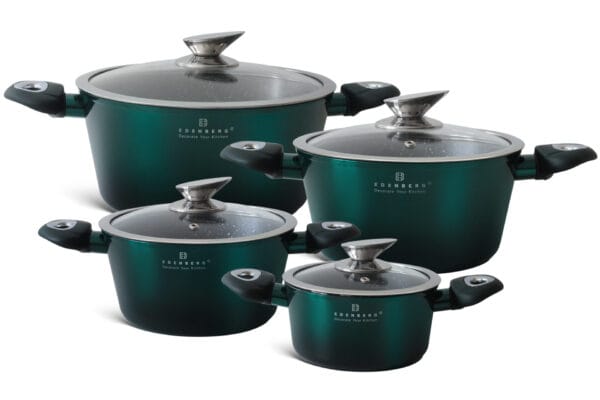 Zestaw garnków Edenberg 8-częściowy, ceramiczno-granitowy, ciemnozielony, garnki na indukcję 1.45L-6.3L z pokrywkami z hartowanego szkła.