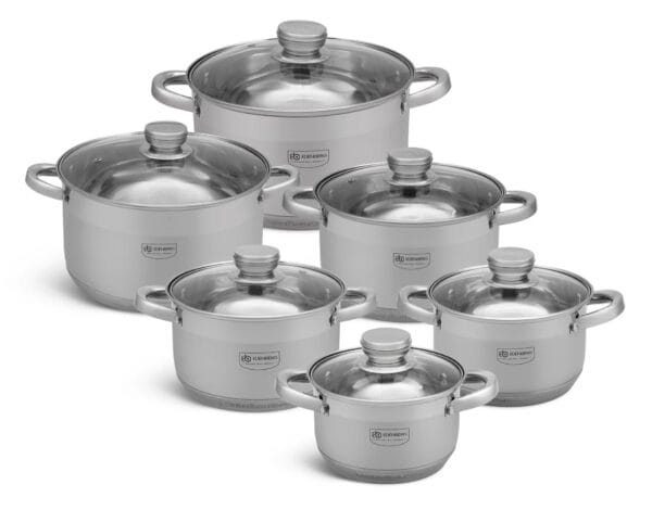 Komplet 6 garnków ze stali nierdzewnej Edenberg o średnicach 16-26cm i pojemnościach 2.1-7.5l, z hartowanymi pokrywkami i ergonomicznymi uchwytami.